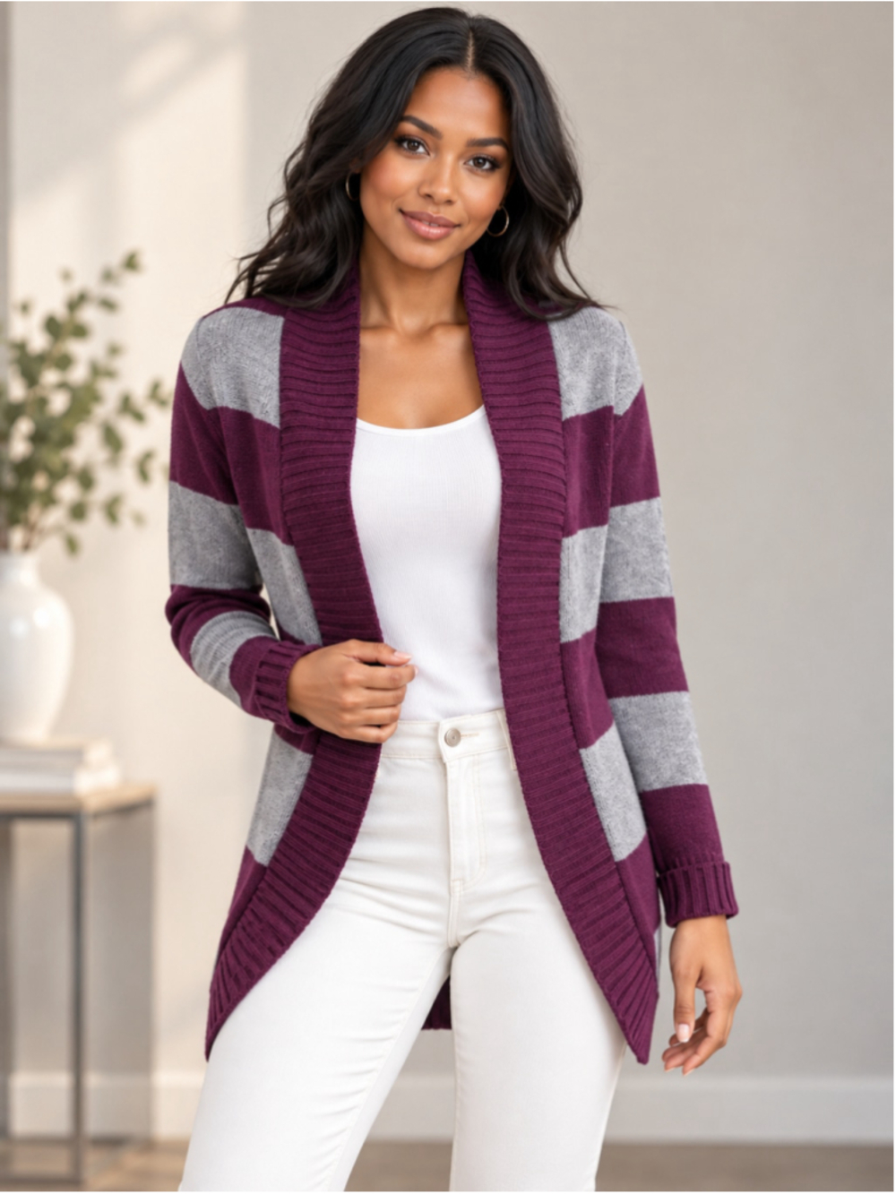 Aeropostale Sweet & Sinful Gray & Maroon Striped Open-Front Cardigan – Size M